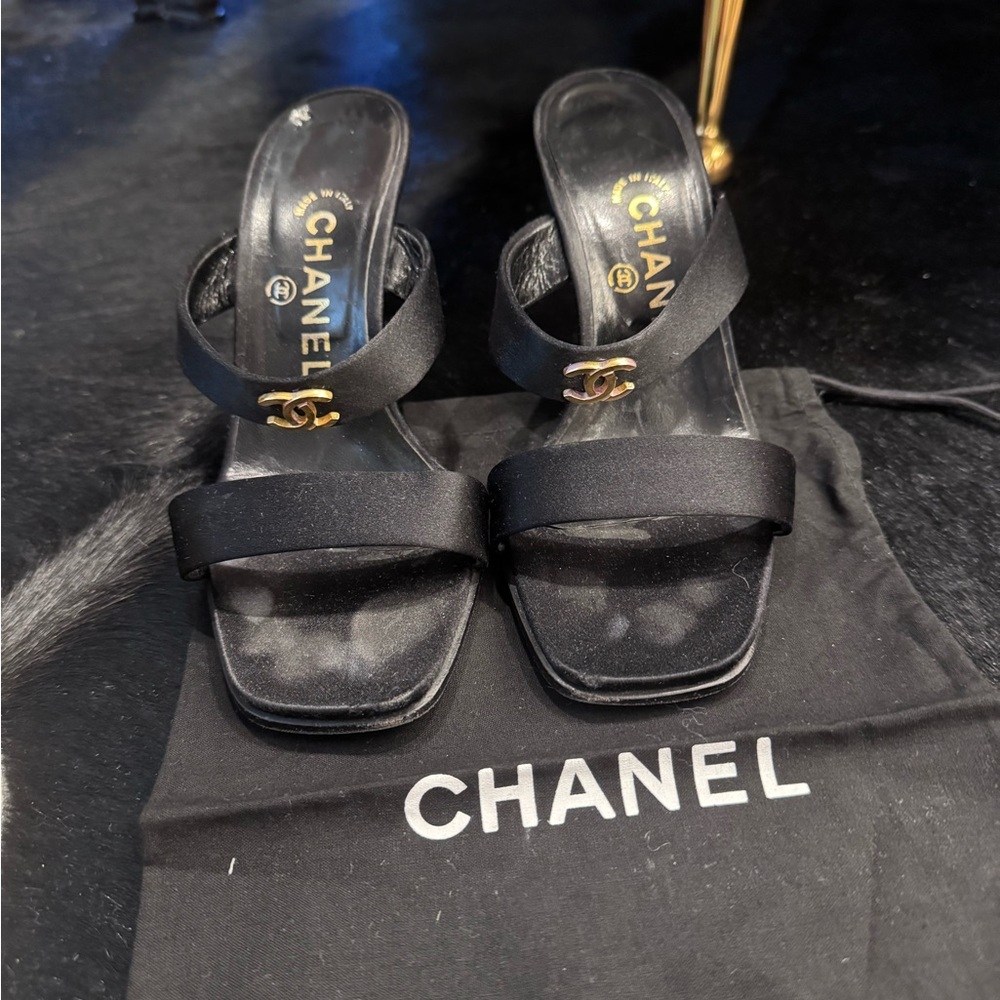 CHANEL Black Slide Sandals with Gold Logo